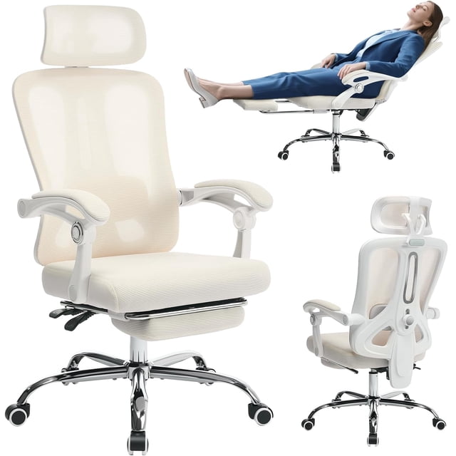 Ergonomic Office Chair - Home Desk Chair with Footrest, High-Back Mesh Computer Chair with Adjustable Lumbar Support Headrest, Swivel Rolling Task Chairs for Home, Office