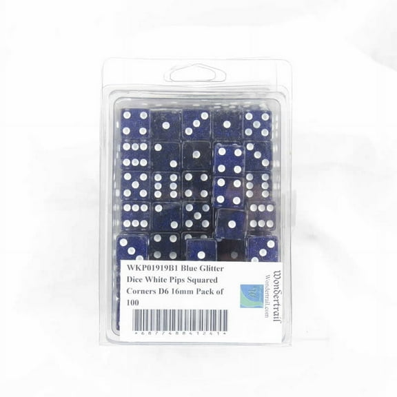 Blue Glitter Dice with White Pips Squared Corners D6 16mm (5/8in) Pack of 100 Wondertrail
