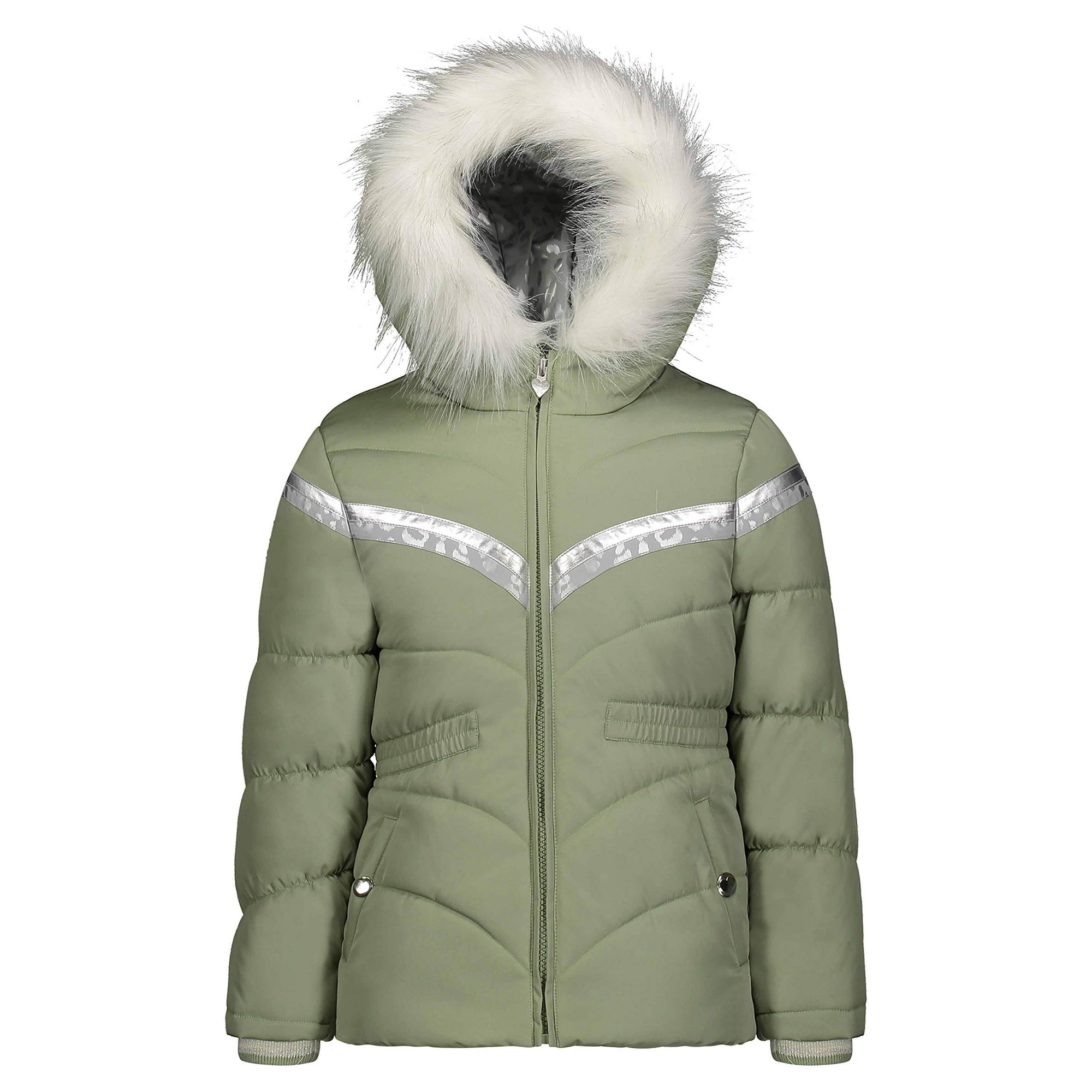 Jessica Simpson Manteau d Hiver Bouffant pour Filles avec Capuche Confortable Vert rayure 2T