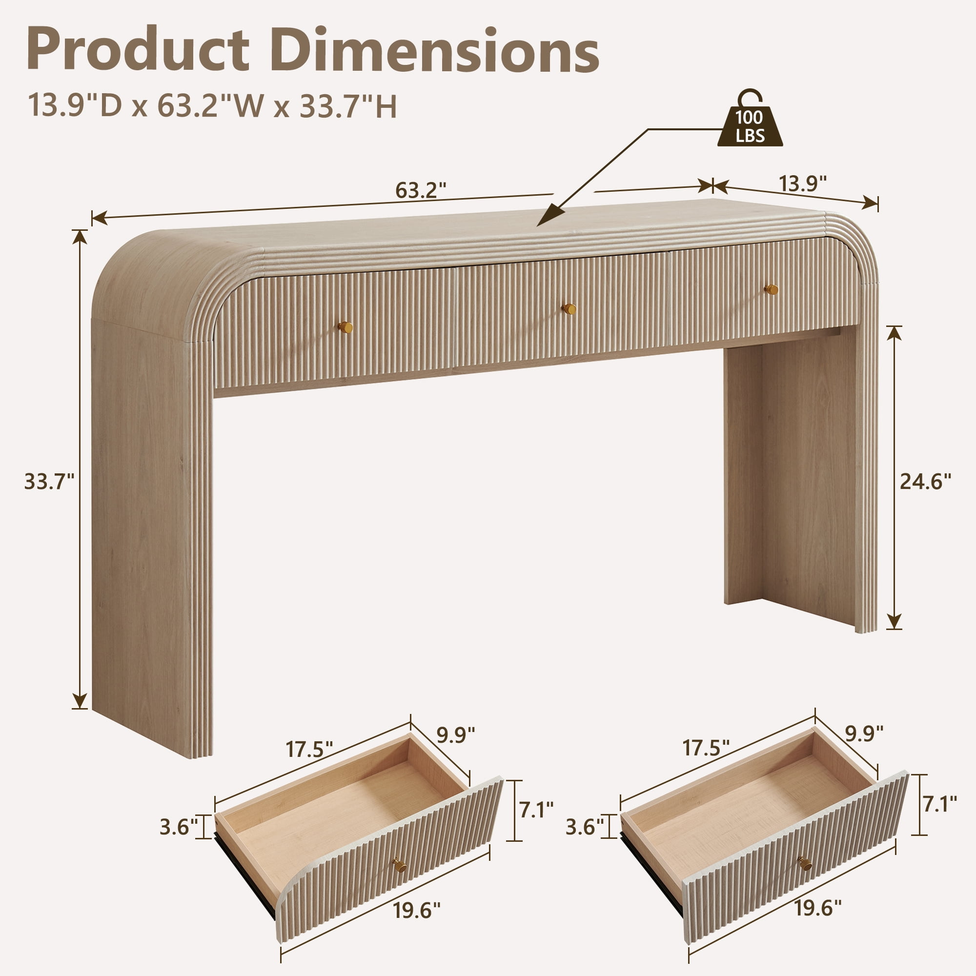 KeyWhat 63" Modern Fluted Console Table with 3 Drawers, Curved Edges & Anti-Tip Safety Kit