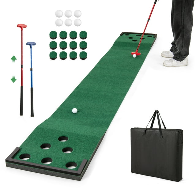 Gymax Golf Putting Game Set 11 FT Indoor Outdoor Putting Green Mat for Backyard. Includes a green polyester mat with foam slopes, 2 adjustable putters (red and blue), 6 golf balls, 12 hole covers, and a black carry bag. The mat features 6 holes on each side for 2-2 pong-style gameplay. Lightweight and portable, suitable for indoor or outdoor use.
