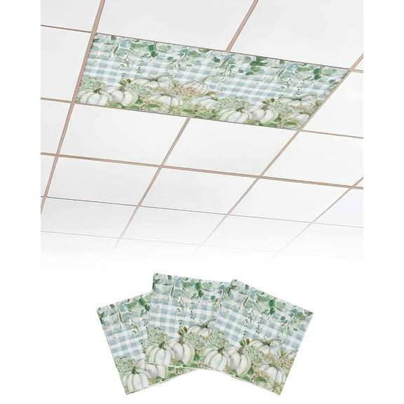 Fluorescent Light Covers for Ceiling Lights 3 Pack, Fall Sage Green Pumpkins Magnetic Ceiling Light Covers 2x4ft for Classroom Office School, Thanksgiving Maple Leaf Plaid Drop Ceiling Light Shade