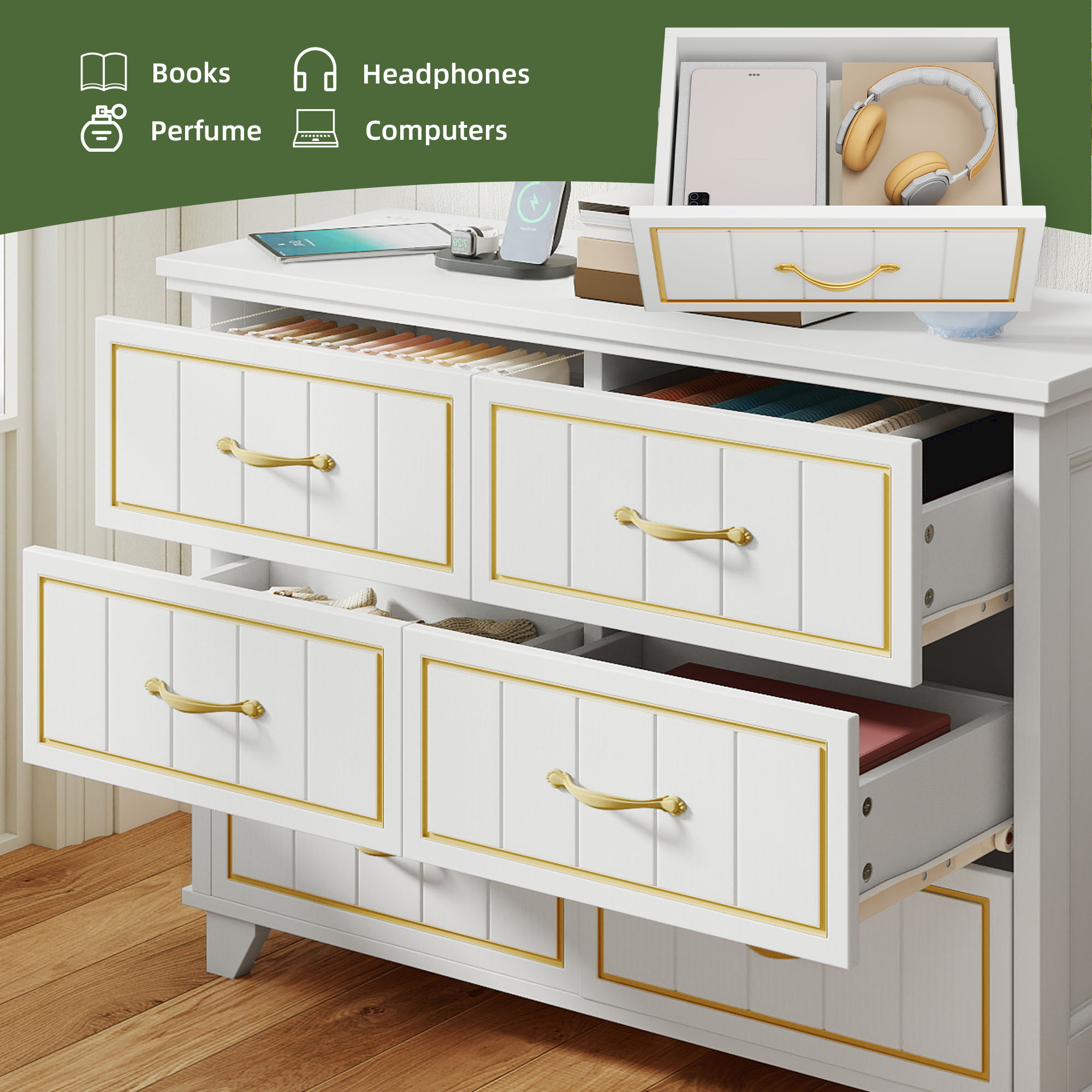 Uforic 6-Drawer Dresser with Power Strip, Gold Strips & Metal Handles, Storage Chest, White