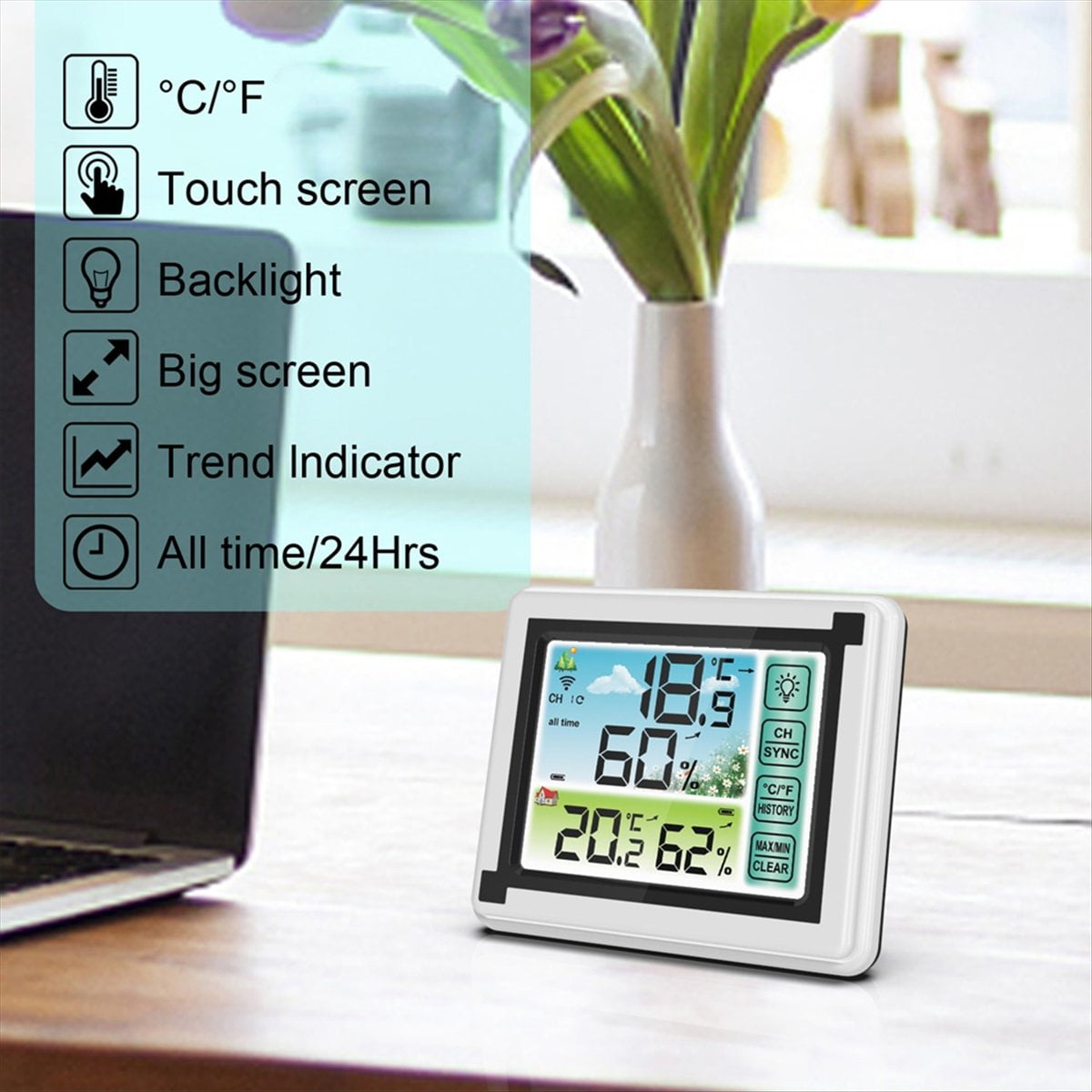 Touch Screen Weather Station with Wireless Sensor, Alarm Clock, Thermometer, Hygrometer, Sunrise and Sunset Times