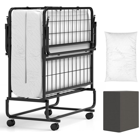 Lit simple pliable avec matelas, lit d'appoint portable enroulable avec cadre en métal robuste, lit d'appoint peu encombrant avec matelas en mousse à mémoire de forme pour adultes, 75" x 38"