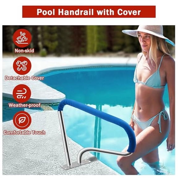 1pc Pool Handrail - 32x22.5 Inch Swimming Pool Ladder Rail, 304 Stainless Steel Pool Handrail with Non-Slip Blue Nylon Grip - for Inground Pools, Water Parks & Spas