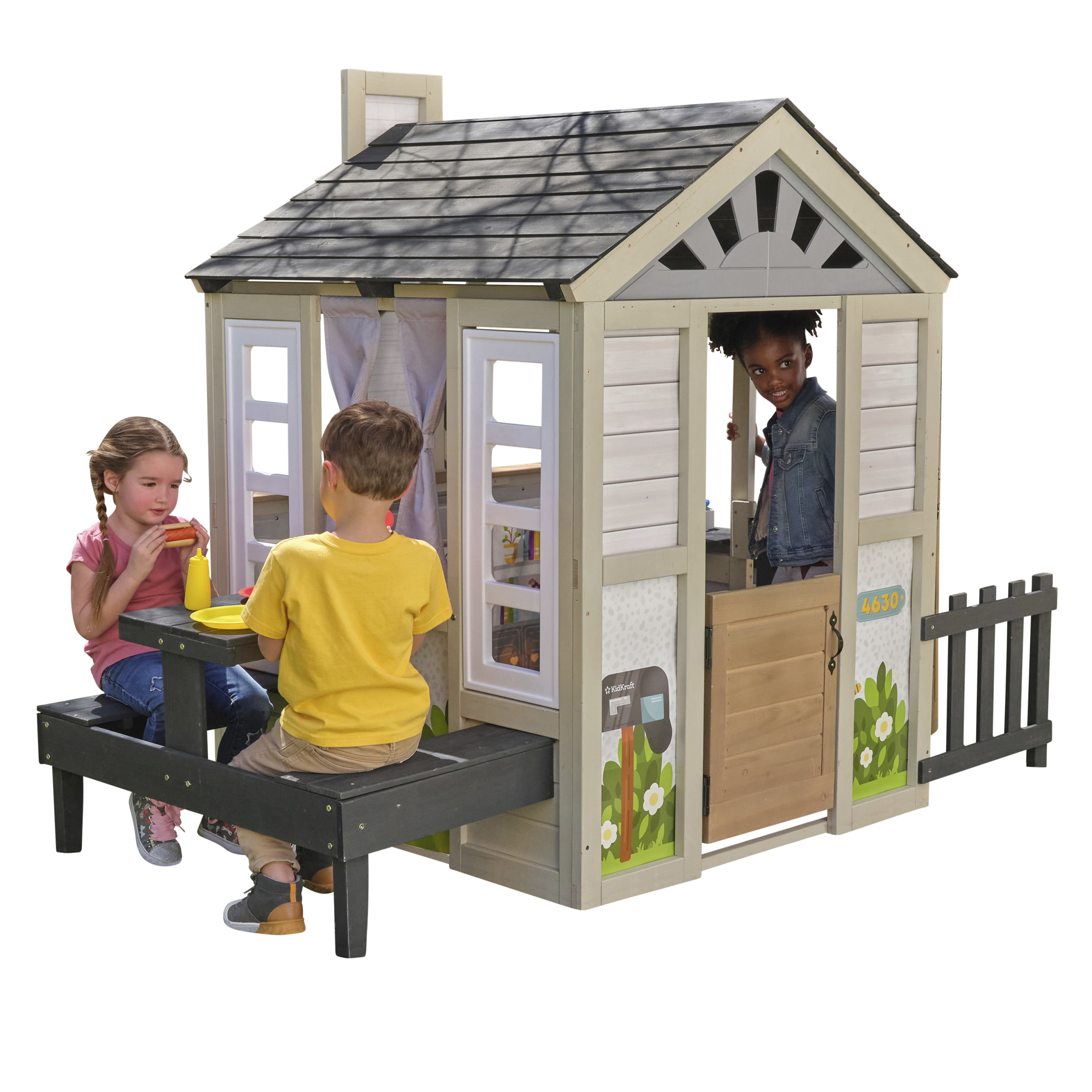 KidKraft Cozy Hearth Cabin Wooden Outdoor Playhouse with Light-Up Fireplace