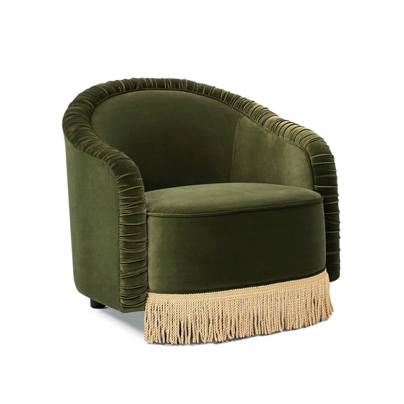 Jennifer Taylor Home Serena 31.5" Ruched Barrel Back Accent Arm Chair with Bullion Fringe, Olive Green Performance Velvet