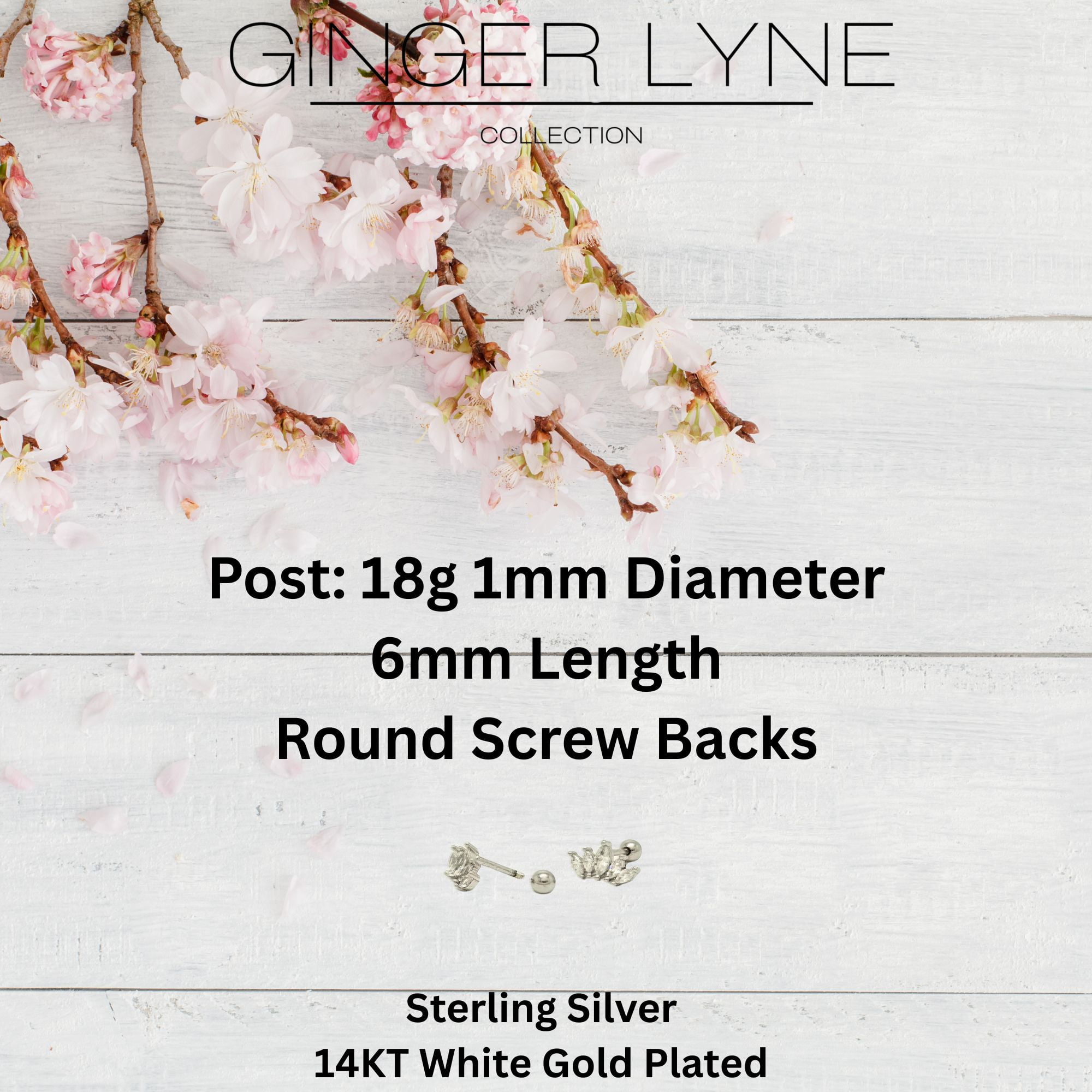Marquise CZ Flat Back Earrings for Cartilage Helix Tragus Lobe 18g 6mm Post Sterling Silver 1 pair by Ginger Lyne