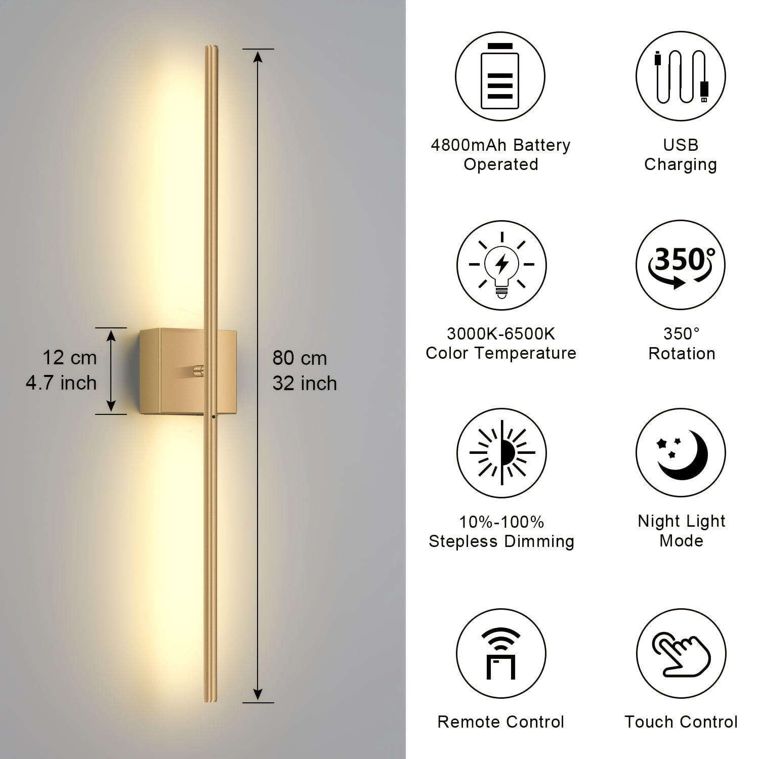 Black Gold USB Rechargeable Wall Sconce Set of 2, Dimmable Battery Operated Wall Lamp with Remote, 360° Rotation Wireless Light for Living Room Bedroom Hallway