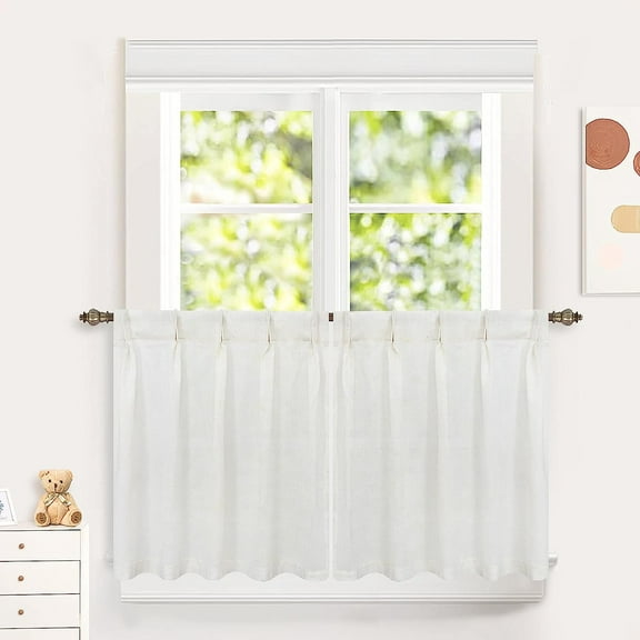 DriftAway Pinch Pleat Kitchen Curtains Linen Textured Short Curtains for Small Window Bathroom Laundry Room 2 Panels Cafe Curtains Back Tabs Solid Farmhouse Rustic Curtains 30 x 36 Inches Light Linen