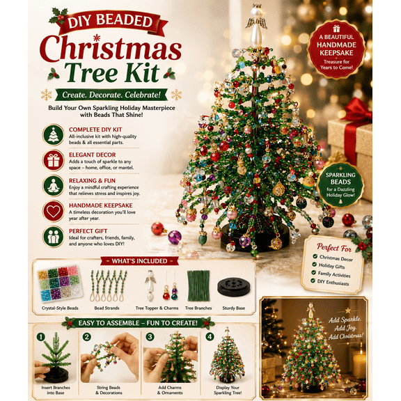 DIY Beaded Christmas Tree Craft Kit, Sparkling Crystal Bead Tabletop Tree Ornament Set with Angel Topper, Handmade Xmas Holiday Decor Gift