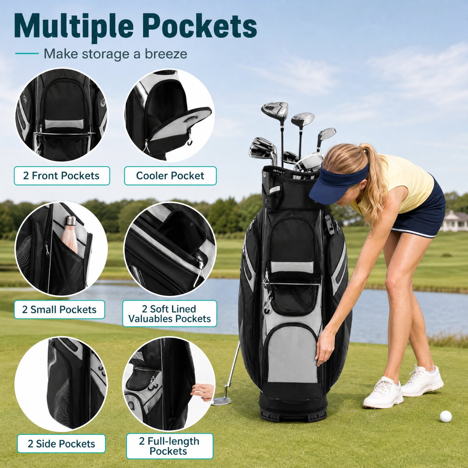 Airfind Molded Lock Top Golf Cart Bag with 14 Way Full Length Dividers and 11 Pockets, Gray Golf Club Bag with Dividers