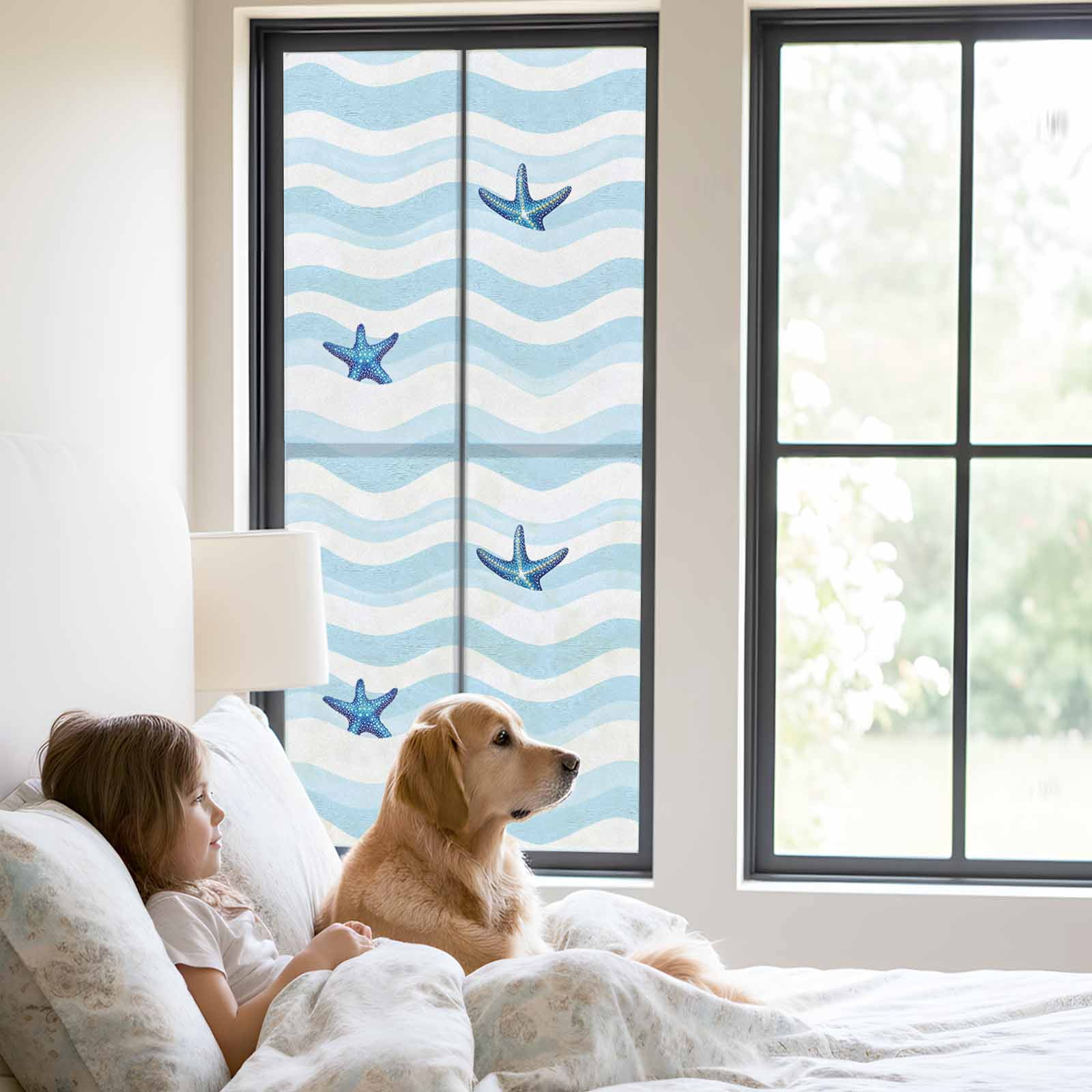 Abstract Ocean Waves Window Privacy Film, Nautical Starfish Blue White Stripes Frosted Glass Window Clings Static Cling UV Heat Blocking Reusable Door Sticker for Bathroom 23.6 x 59 Inch