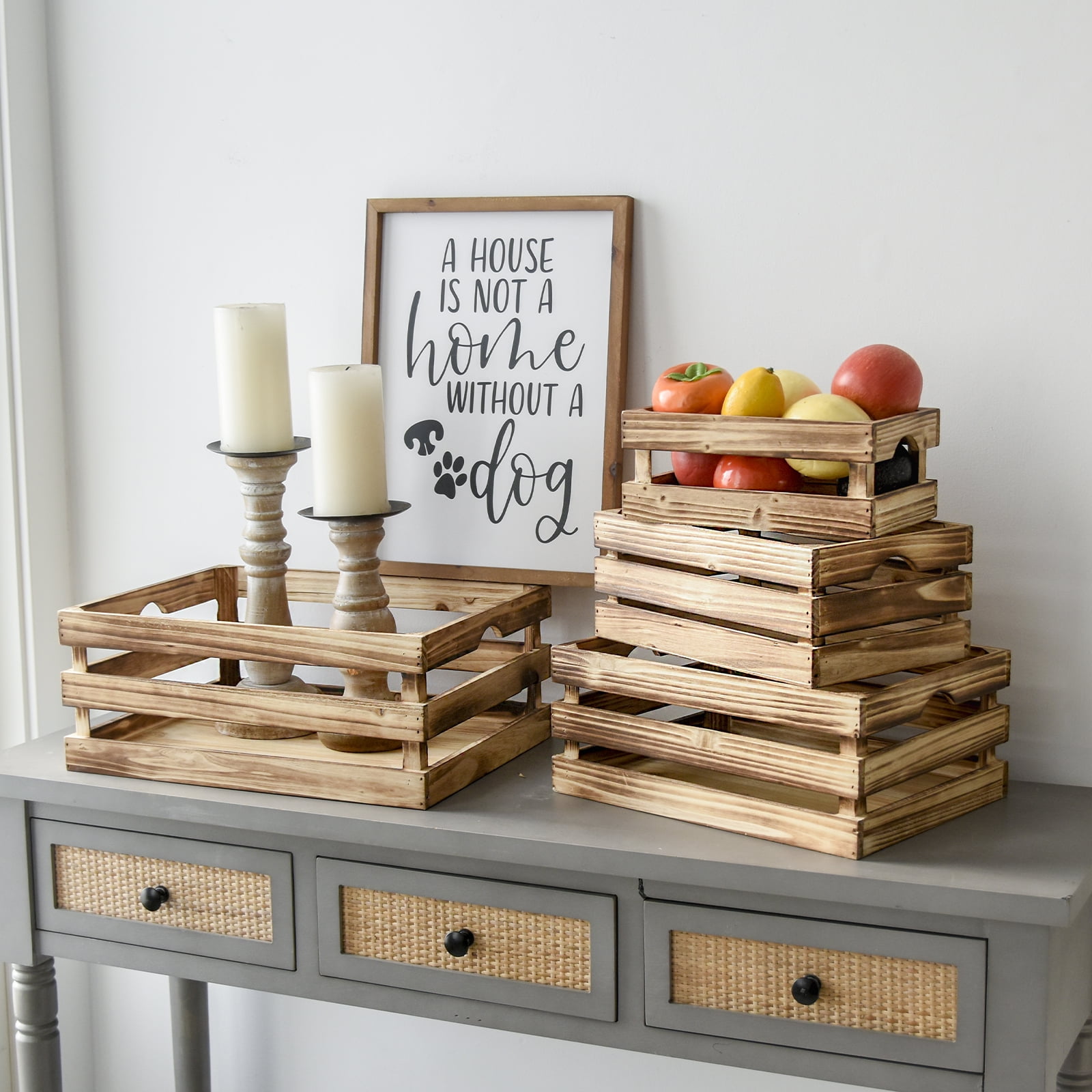 MODE HOME Set of 4 Large Torched Wood Decorative Storage Crates, Nesting Wooden Crates for Display Rustic, Farmhouse Wooden Storage Container Boxes Made from Solid Wood