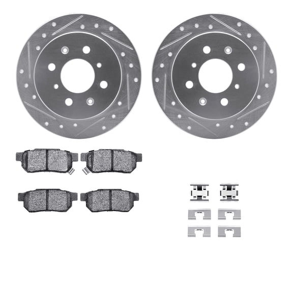 Dynamic Friction Company Rear Brake Rotors-Drilled and Slotted-Silver with 5000 Advanced Brake Pads includes Hardware 7512-59008