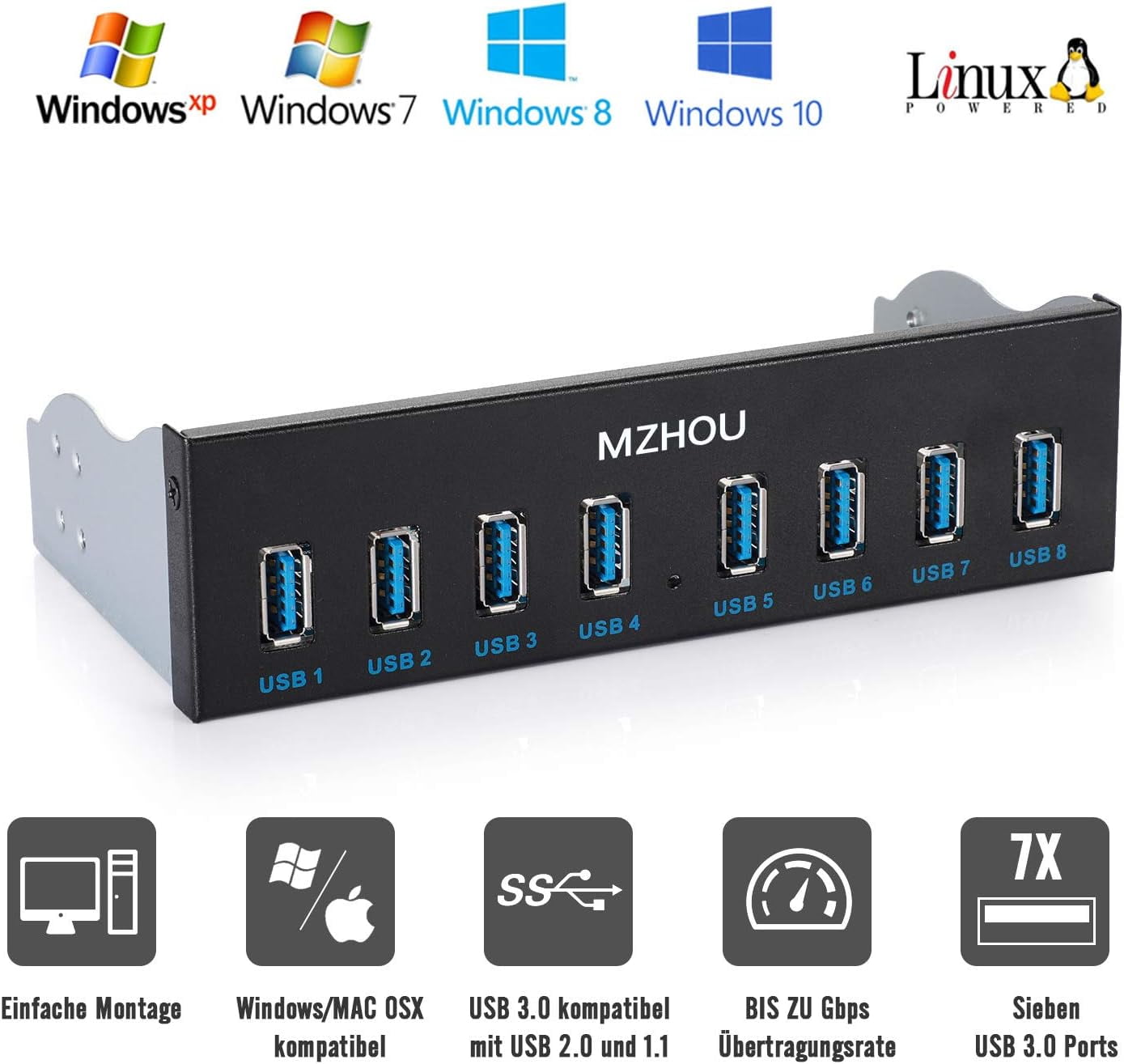 MZHOU 8-Port USB 3.0 Front Panel Hub Expansion Card - with 19-Pin & SATA Cables, 5 Mounting Screws - Compatible with Windows XP/7/8/10 & Linux - Desktop PC Internal USB Hub for Case Expansion