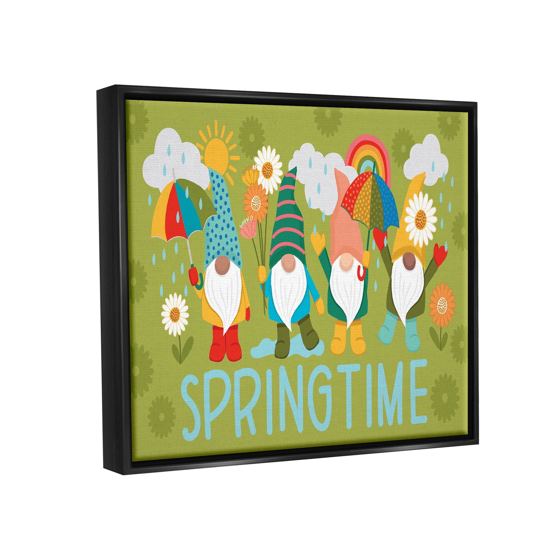Springtime Rainy Garden Gnomes Holiday Graphic Art Jet Black Framed Art Print Wall Art