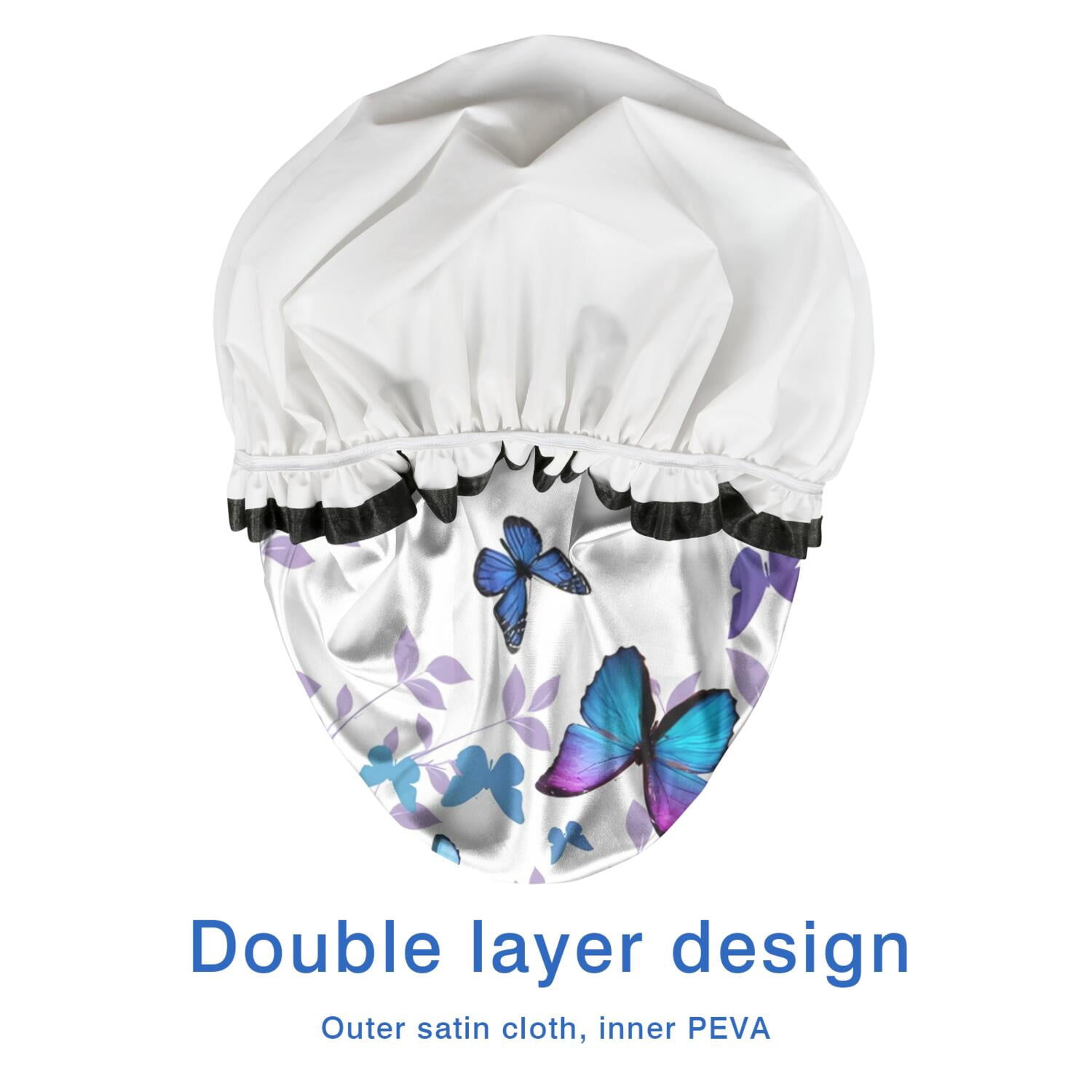 Shower Caps,Purple Leaf Butterfly Pattern Waterproof Shower Cap for Women 4 Pieces,Double Reusable Hair Cover for Shower PEVA Elastic Stretch Hem