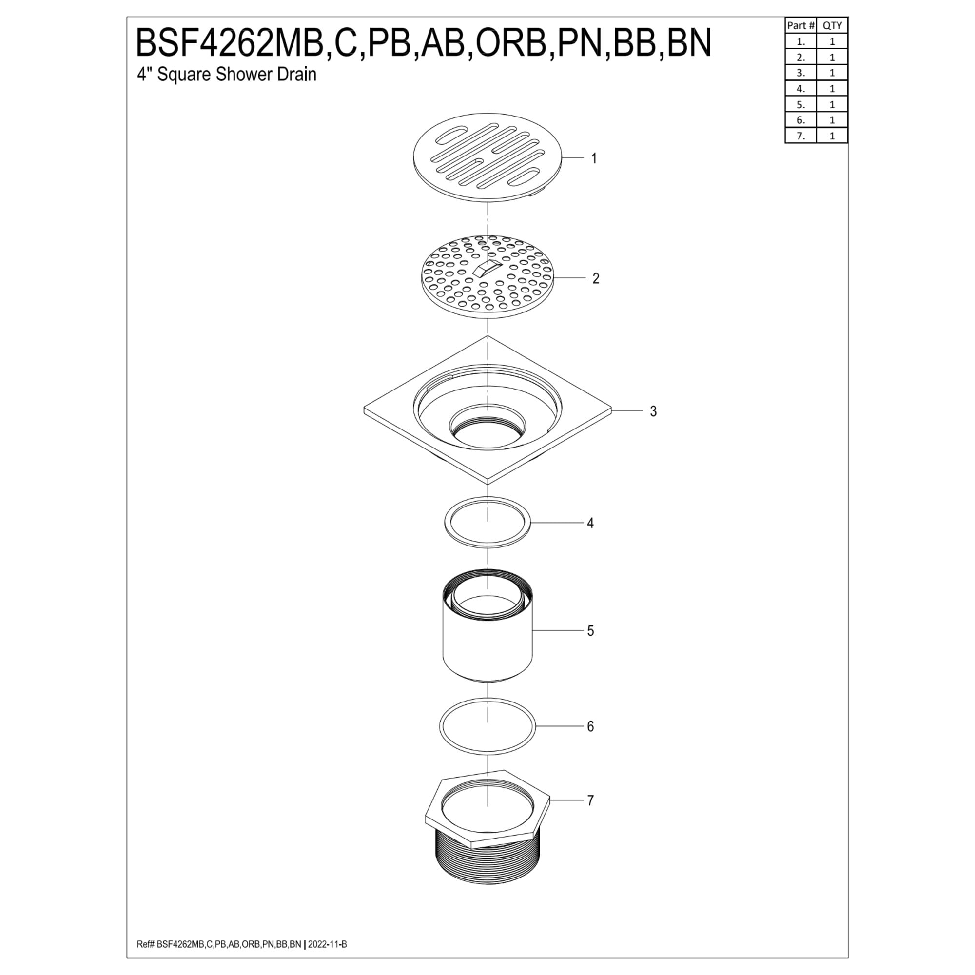 Kingston BSF4262ORB Watercourse Symmetric 4-Inch Brass Square Grid Shower Drain with Hair Strainer in Oil Rubbed Bronze