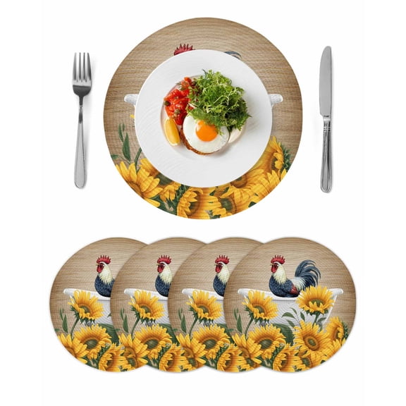Bathing Roosters Round 15 Inch Placemats Set of 4, Countryside Sunflower Vintage Burlap HeatResistant Non Slip Place Mats for Dining Table, Wipeable Braided Kitchen Table Mats for Housewarming
