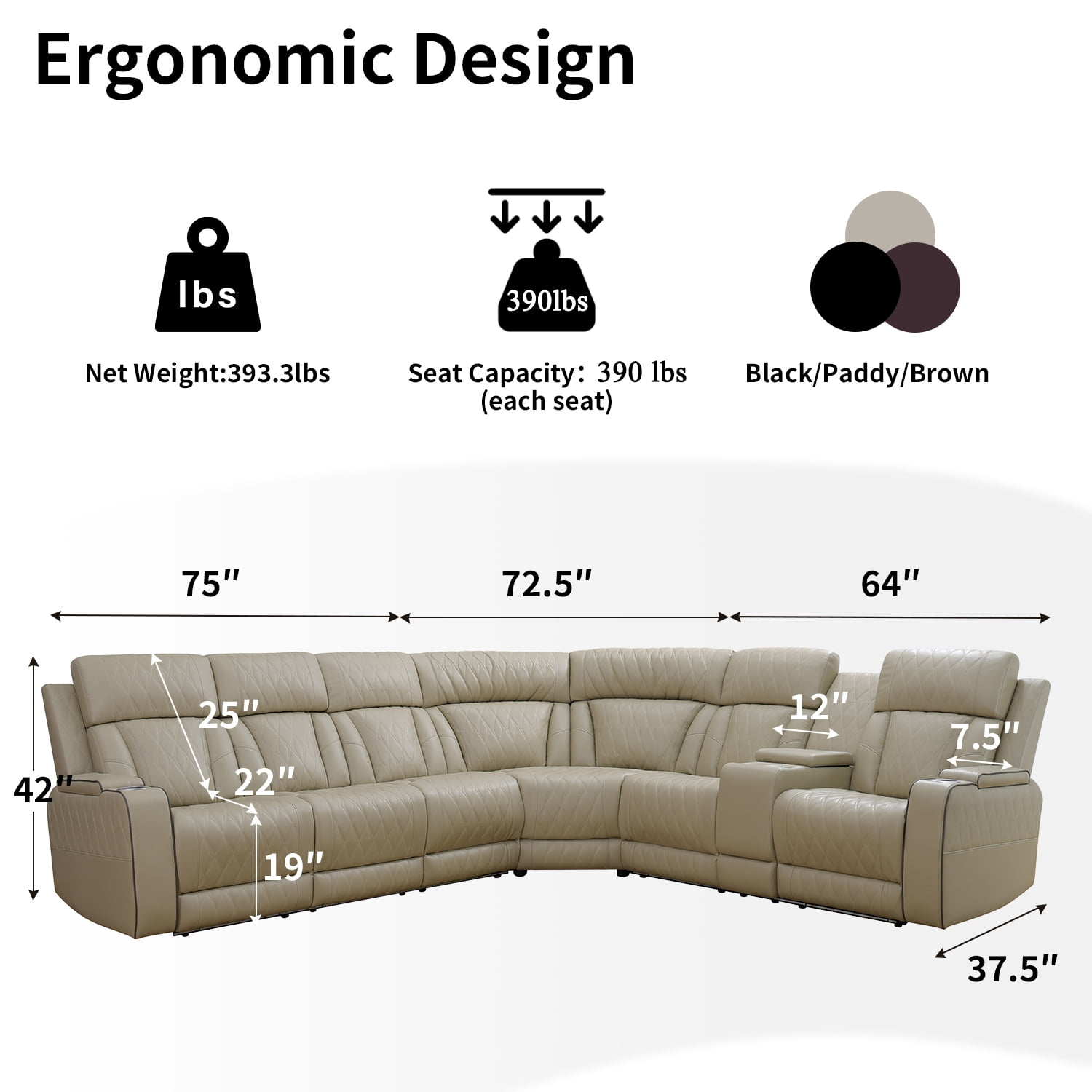 Recliner Sofa Sectional Couches with LED Light for Living Room,Leather Reclining Corner Sectional Sofa with 2 Recliner Seats,Cup Holder,Storage Console for House/Home Theater, Beige
