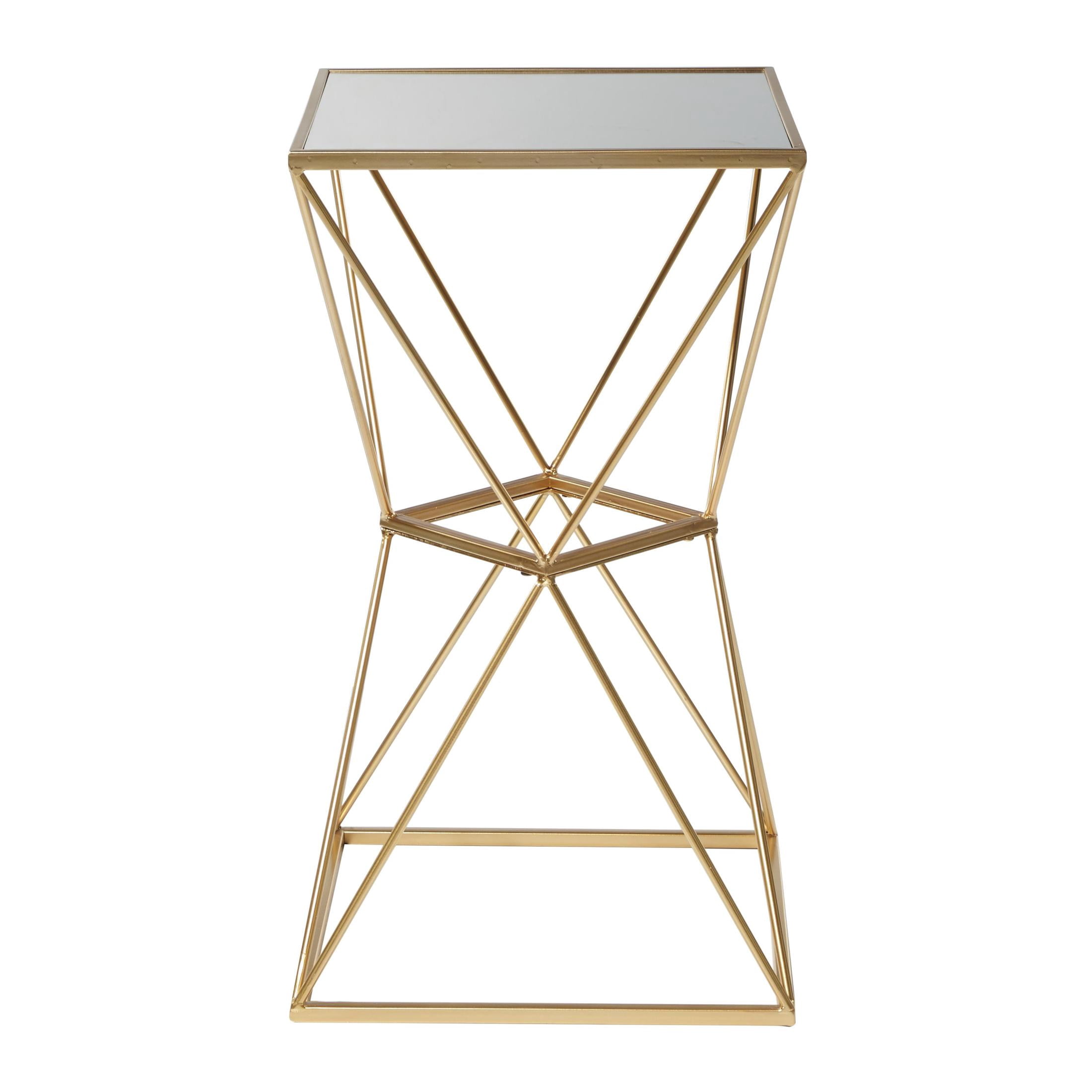 DecMode 16" x 28" Gold Metal Geometric Accent Table with Mirrored Glass Top, 1-Piece