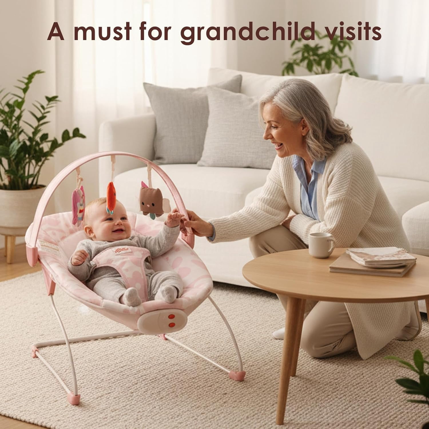 Tiny Marvels Baby Bouncer Seat with Soothing Vibrations and Music Sensory Toy, Age 0-6 Months(Blush Bloom)
