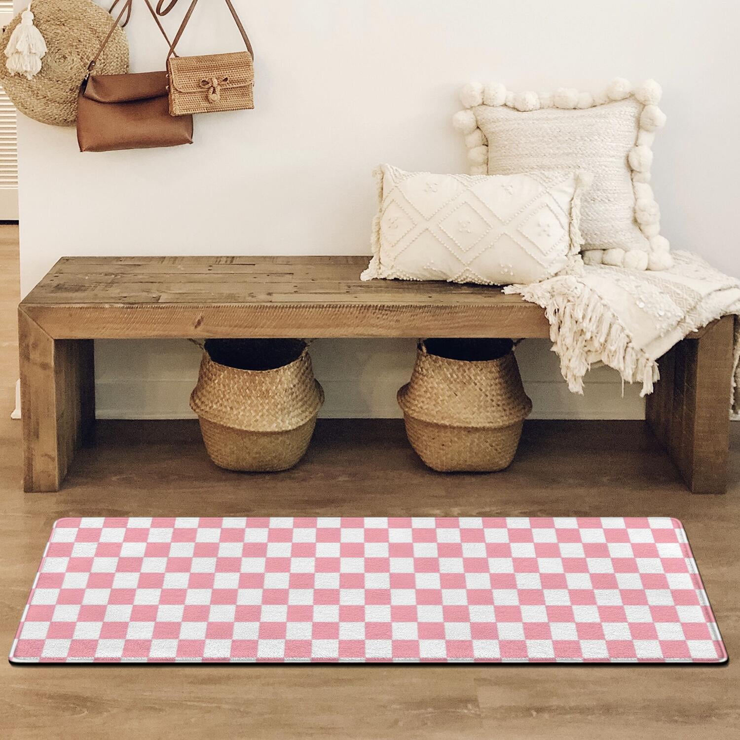 Pink and White Checkerboard Pattern Bathroom Rugs Mat,Non Slip Microfiber Bathroom Rug,Rubber Backing,Soft Bathroom Mats for Bathroom Floor,Tub and Shower,47x17in(120x43cm)