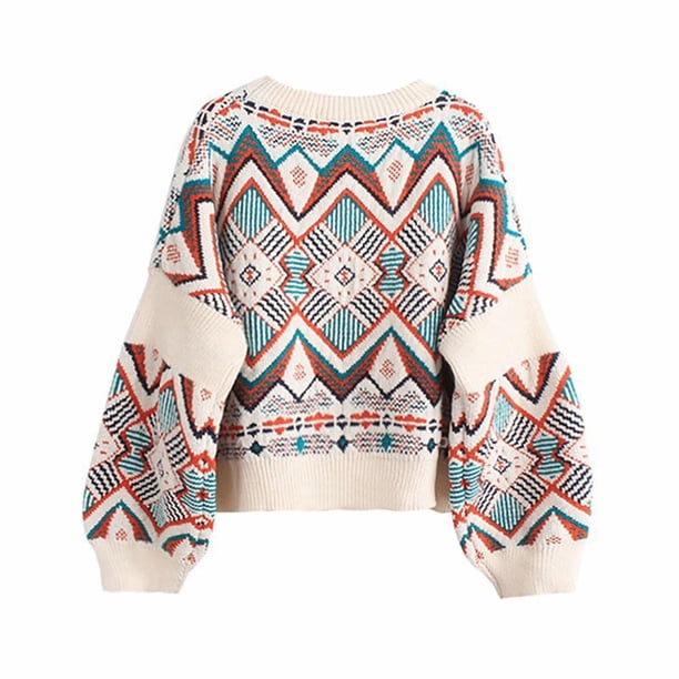 Gibobby Suéter de Mujer Suéter con estampado geométrico de estilo étnico para mujer, chaqueta con cuello Rojoondo, Top cálido de moda, otoño e invierno (Beige, Unitalla)