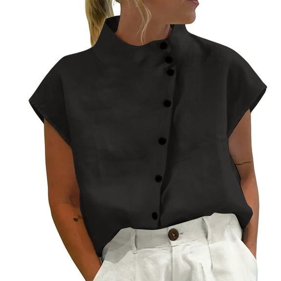 Womens Shirts Cotton Linen High Neck Cap Sleeve Casual Spring Summer T Shirts for Women Black Xl