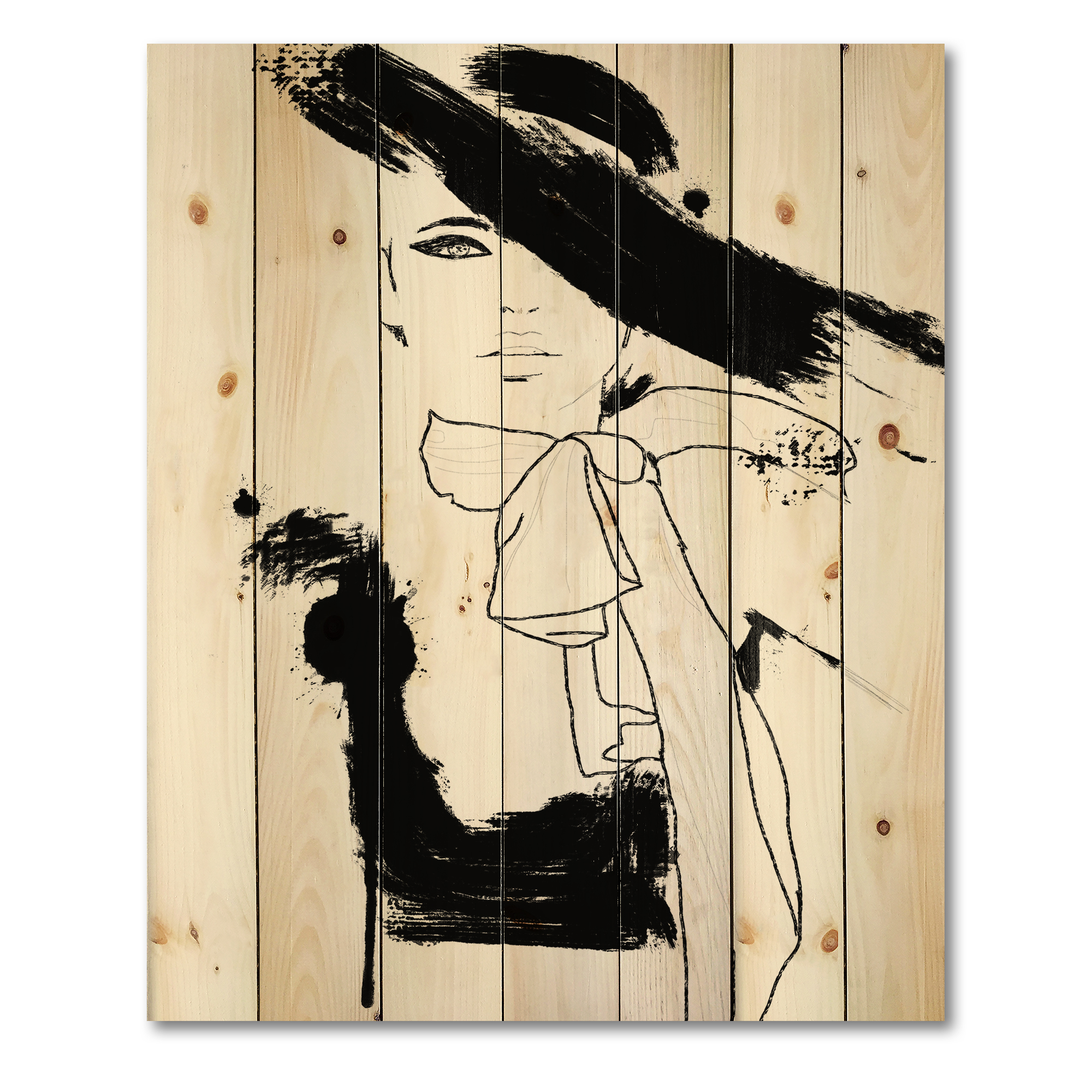 Designart 'Beautiful Black and White Model Haute Couture Fashion Woman II' Modern Print on Natural Pine Wood