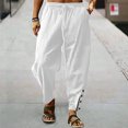 thumbnail image 2 of hopeusnice Mens Loose Workout Casual Beach Solid Color Cotton Linen Wide Leg Lounge Trousers Activewear Pants Elastic Waist Pants with Pockets Drawstring Fashion Summer White XL, 2 of 6
