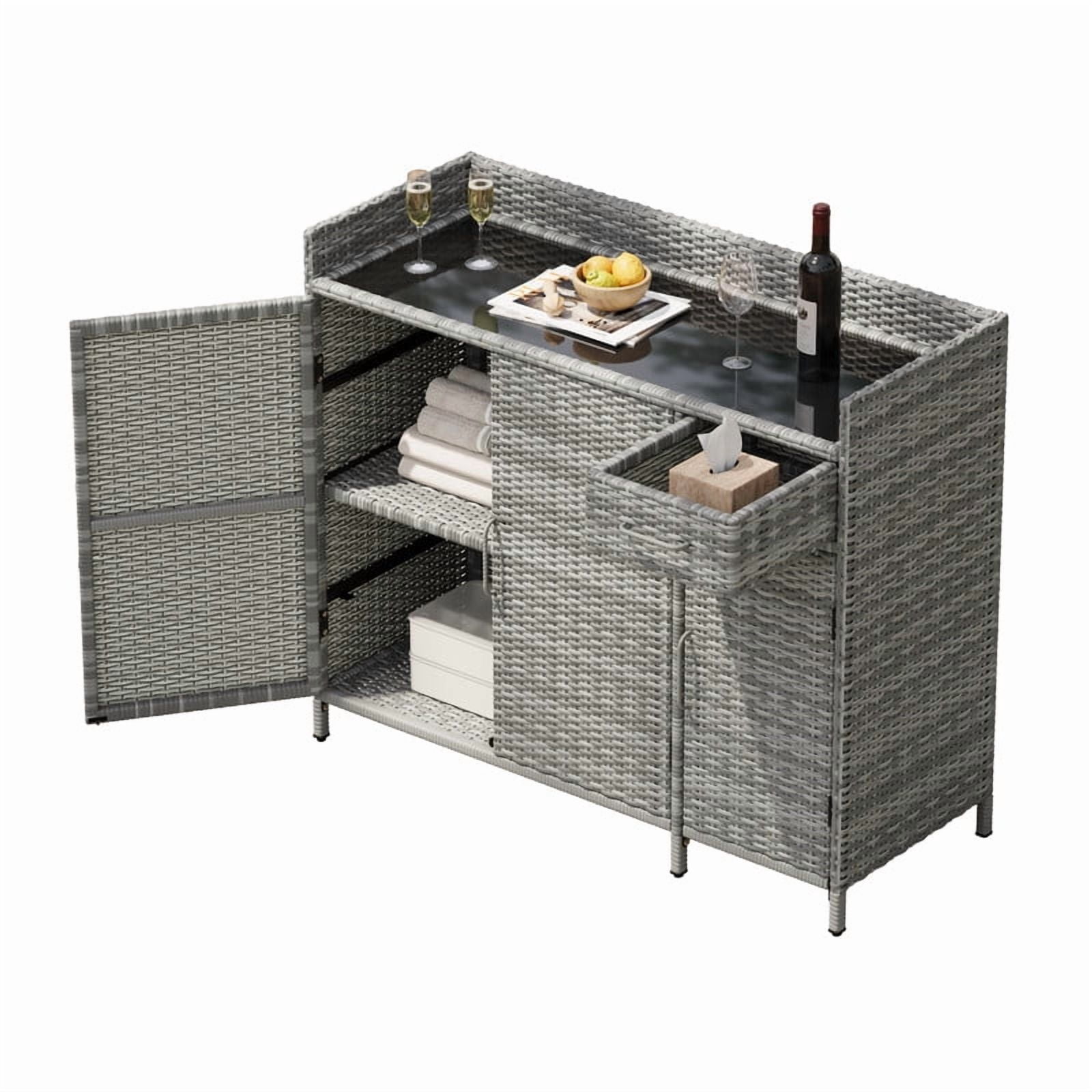 Wicker Outdoor Kitchen Island with Tempered Glass Desktop and Adjustable Shelf, Rattan Bar Table Storage Cabinet with 1 Drawer and 3 Doors