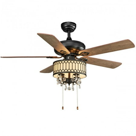 

52 Classical Crystal Ceiling Fan Lamp w/ 5 Reversible Blades Pull Chain Home Black