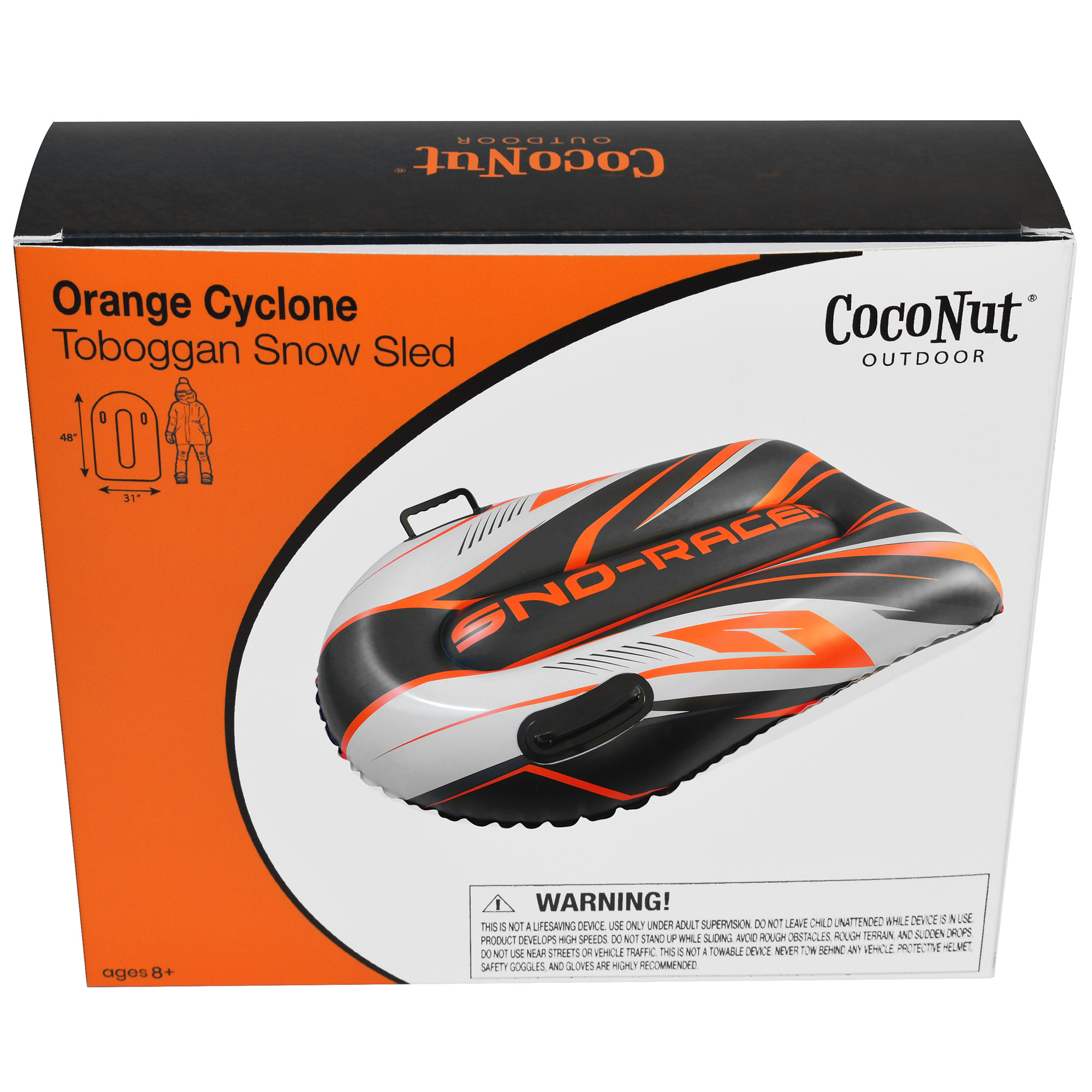 CocoNut Outdoor: Orange Cyclone Toboggan Snow Sled - 48x31" Blue-Black-White - Winter Inflatable, Cold Resistant PVC, 200lb Cap, Kids-Teens-Adults 8+