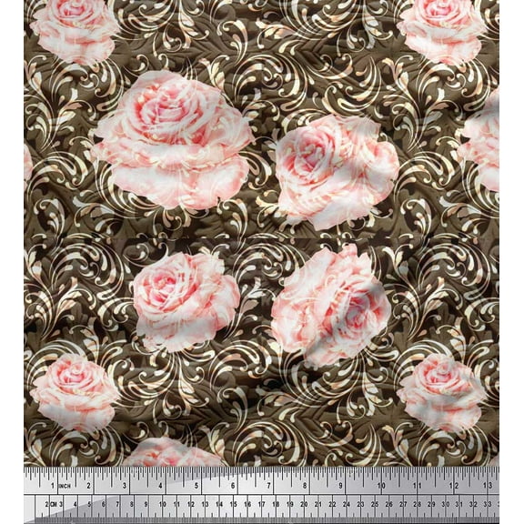 Soimoi Cotton Duck Fabric Check & Roses Floral Print Sewing Fabric Yard 42 Inch Wide