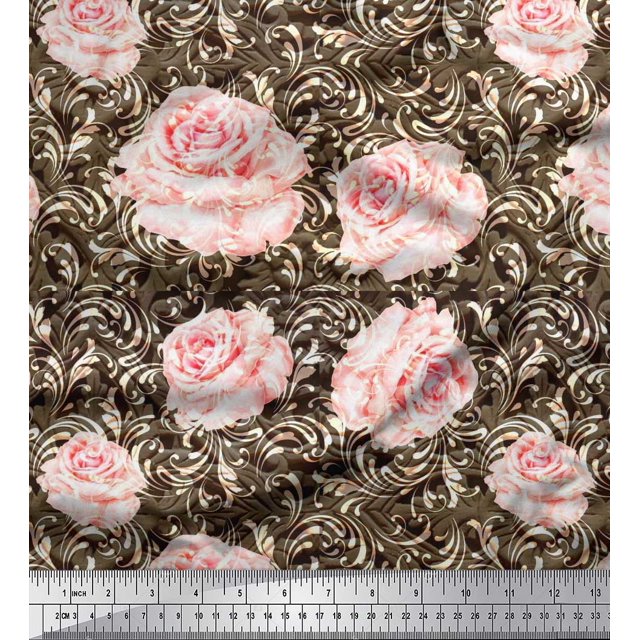 Soimoi Modal Satin Fabric Check & Roses Floral Printed Fabric 1 Yard 42 Inch Wide