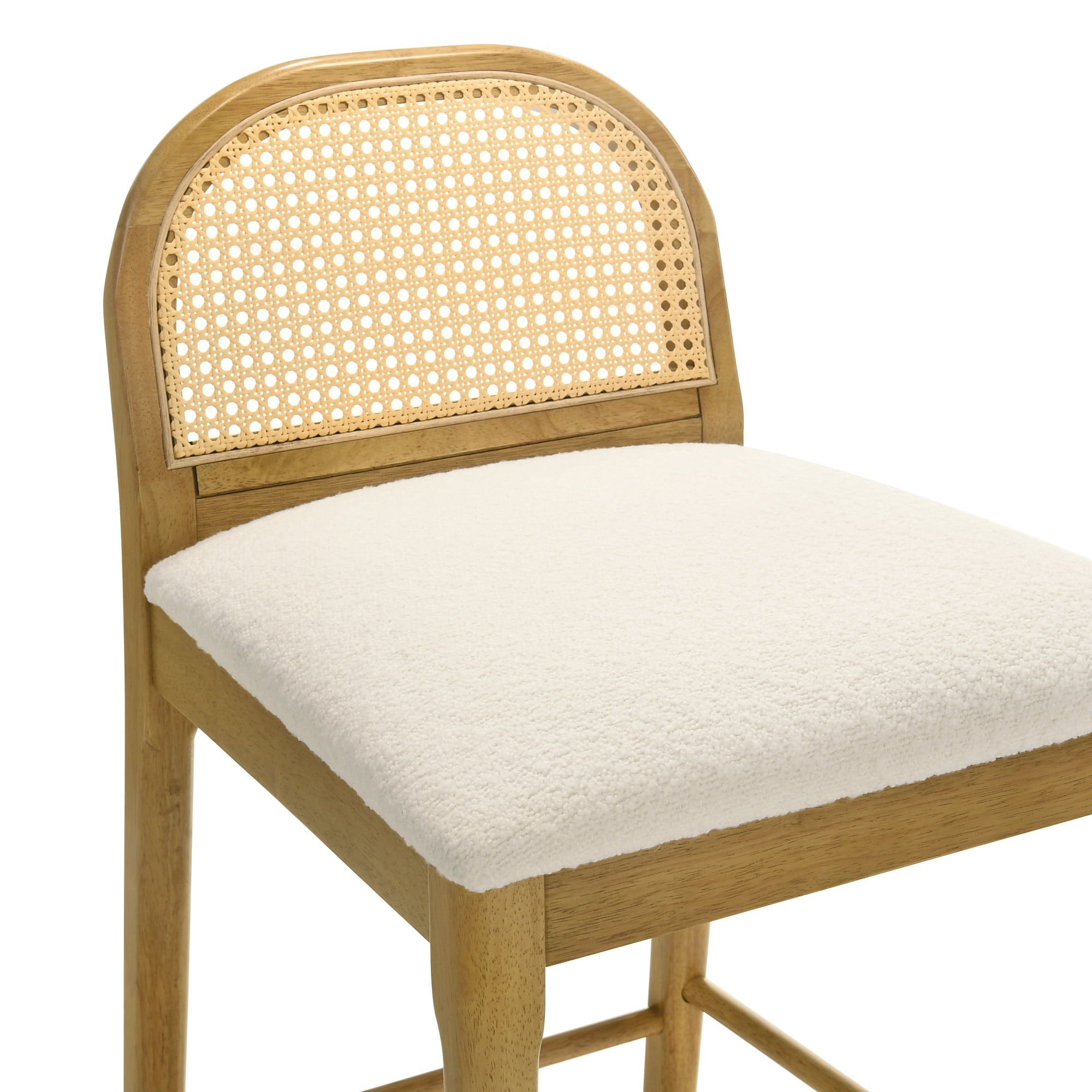 Lucio Modern Farmhouse Wood Bar Height Kitchen Bar Stool in Amber Glow Finish with White Boucle Fabric Upholstered Seat - Set of 2