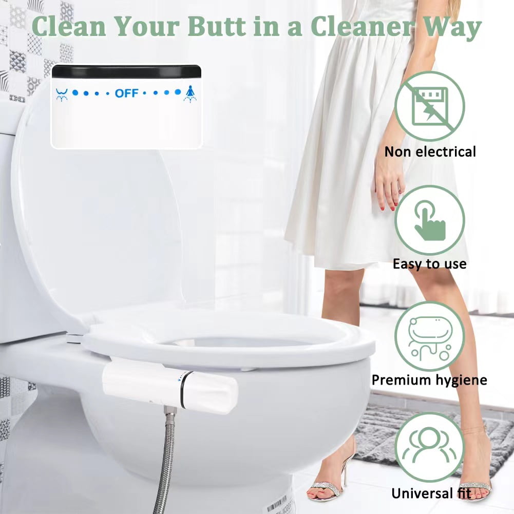 Waxgamo Ultra-Slim Bidet Attachment for Toilet - Frontal & Rear Wash Self-Cleaning Nozzles with Adjustable Cold Water Pressure and Stainless Steel Inlet, Easy Install, White