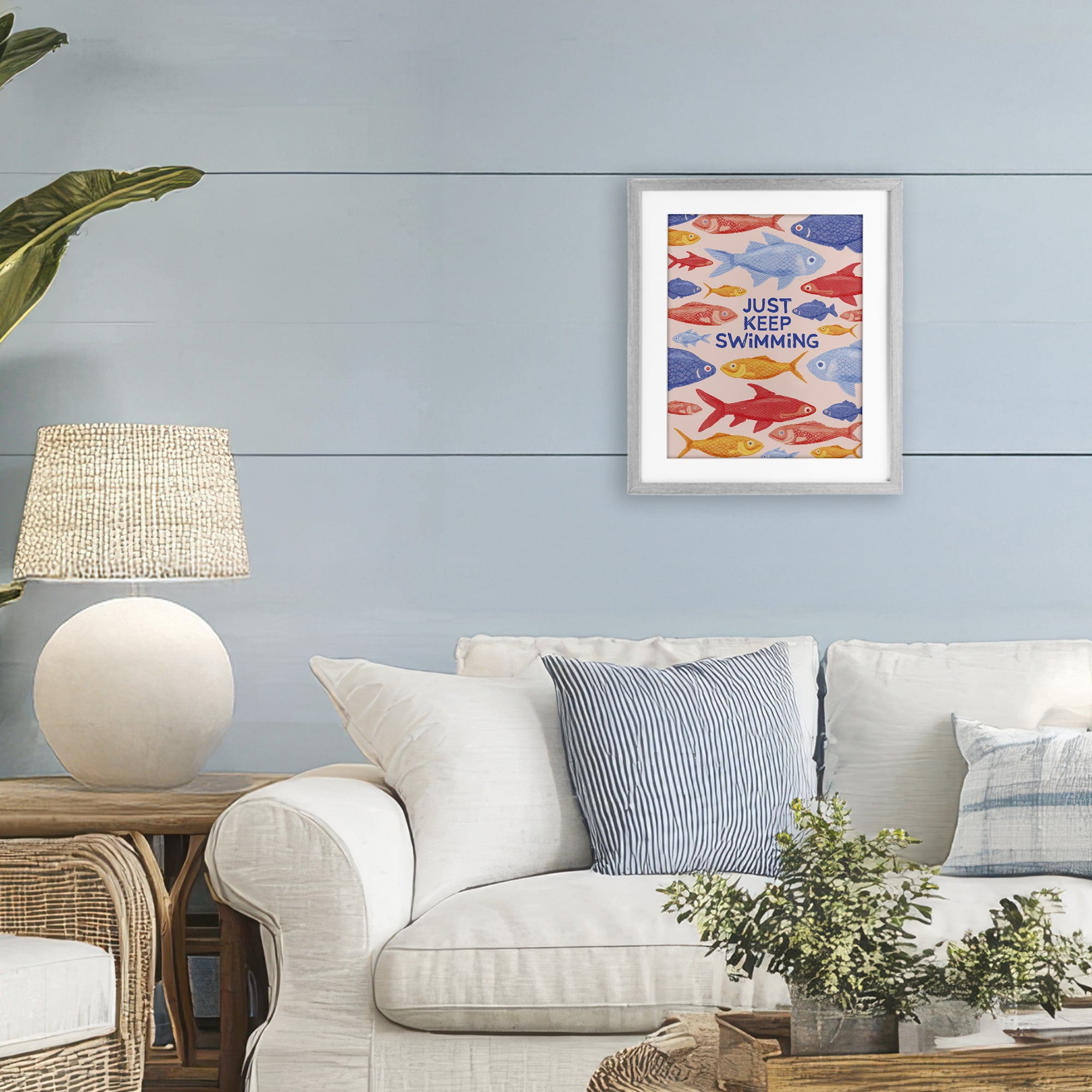 Stupell Industries Just Keep Swimming Fish Gray Framed Print Under Glass, design by The Paper Curator