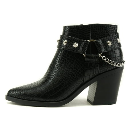 

Soda Women Ankle Boots Side Zipper Back Chain Studded Booties Block Heel Pointy Toe ECOMM-S Black 6