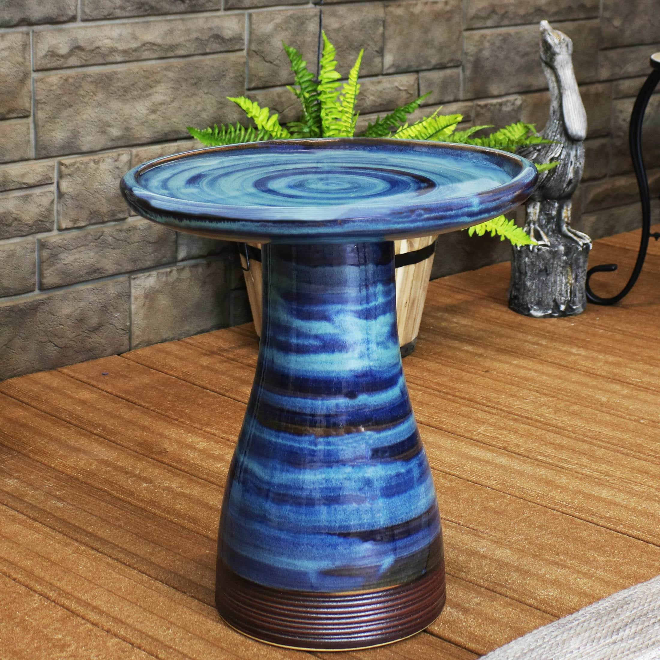 Sunnydaze Duo-Tone Freestanding Ceramic Outdoor Bird Bath, UV-Resistant Galaxy Blue Finish