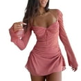 thumbnail image 2 of Fortune Halter Dress for Women Flare Sleeve Side Drawstring Ruched Mini Dress, 2 of 5
