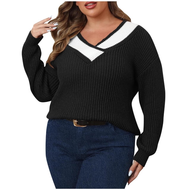Timegard Sweaters for Women V Neck Long Sleeve Color Block Pullover Fall Fashion Loose Comfy Knit Tops