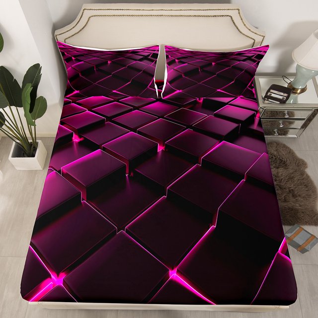 Rose Purple Geometric Bed Sheets Black Honeycomb Print Fitted Sheet Twin Size, Modern Abstract Plaid Bed Set Square Pattern Bedding Set Beehive Geometrical Bedding 2 Piece,No Top Sheet