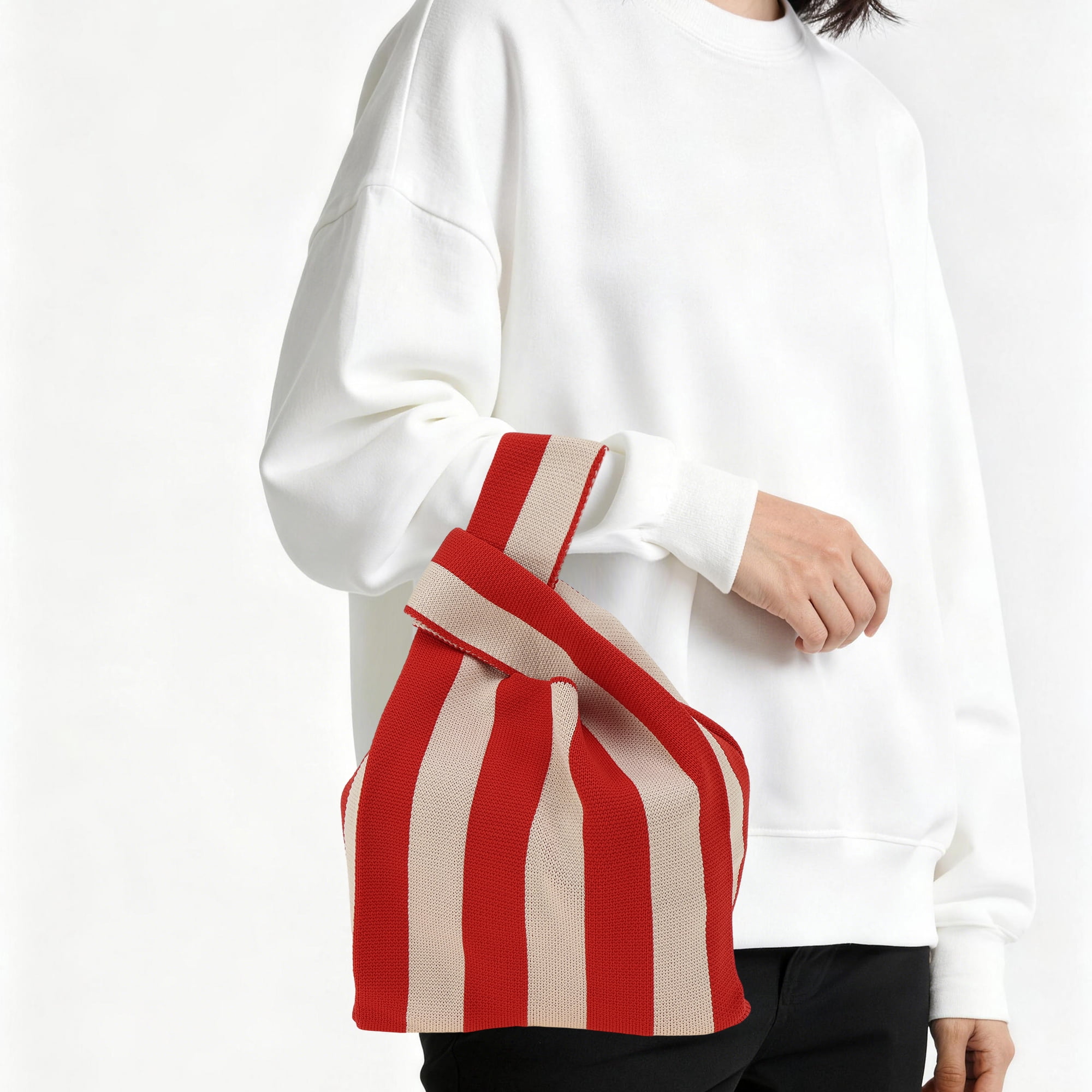 Unique Bargains Vertical Stripes Knitted Wrist Bag Beige Red 1 Pc