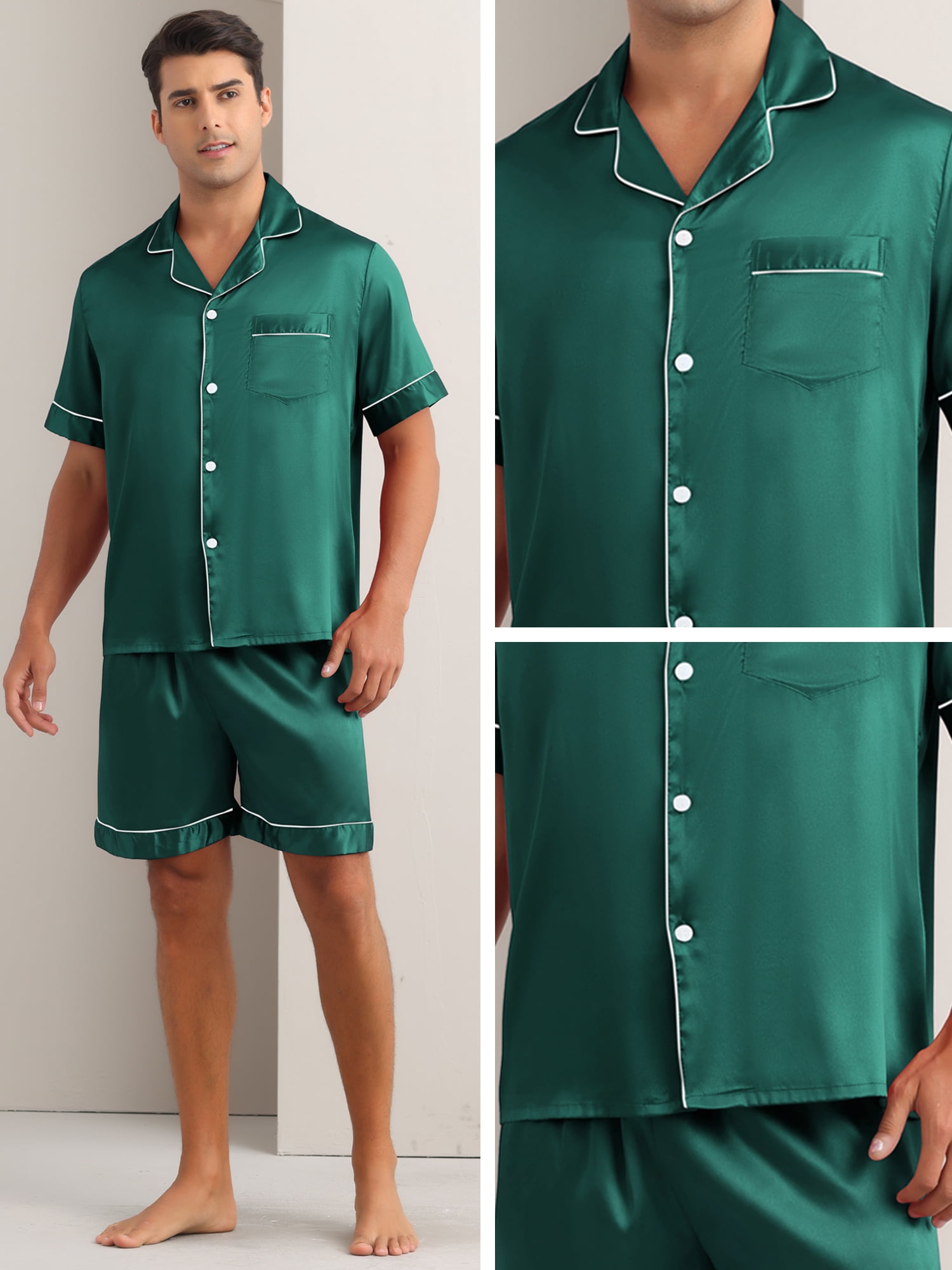 DARING DIVA Men's 2-Piece Satin Short Sleeve Nightwear Shorts Pajamas Set M Green