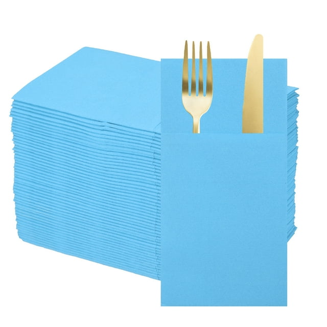 100 Pcs Servilletas Desechables con Sensación de Lino y Bolsillos para Cubiertos Incorporados, Servilletas de Papel para Cuchillo y Tenedor Azul Cielo