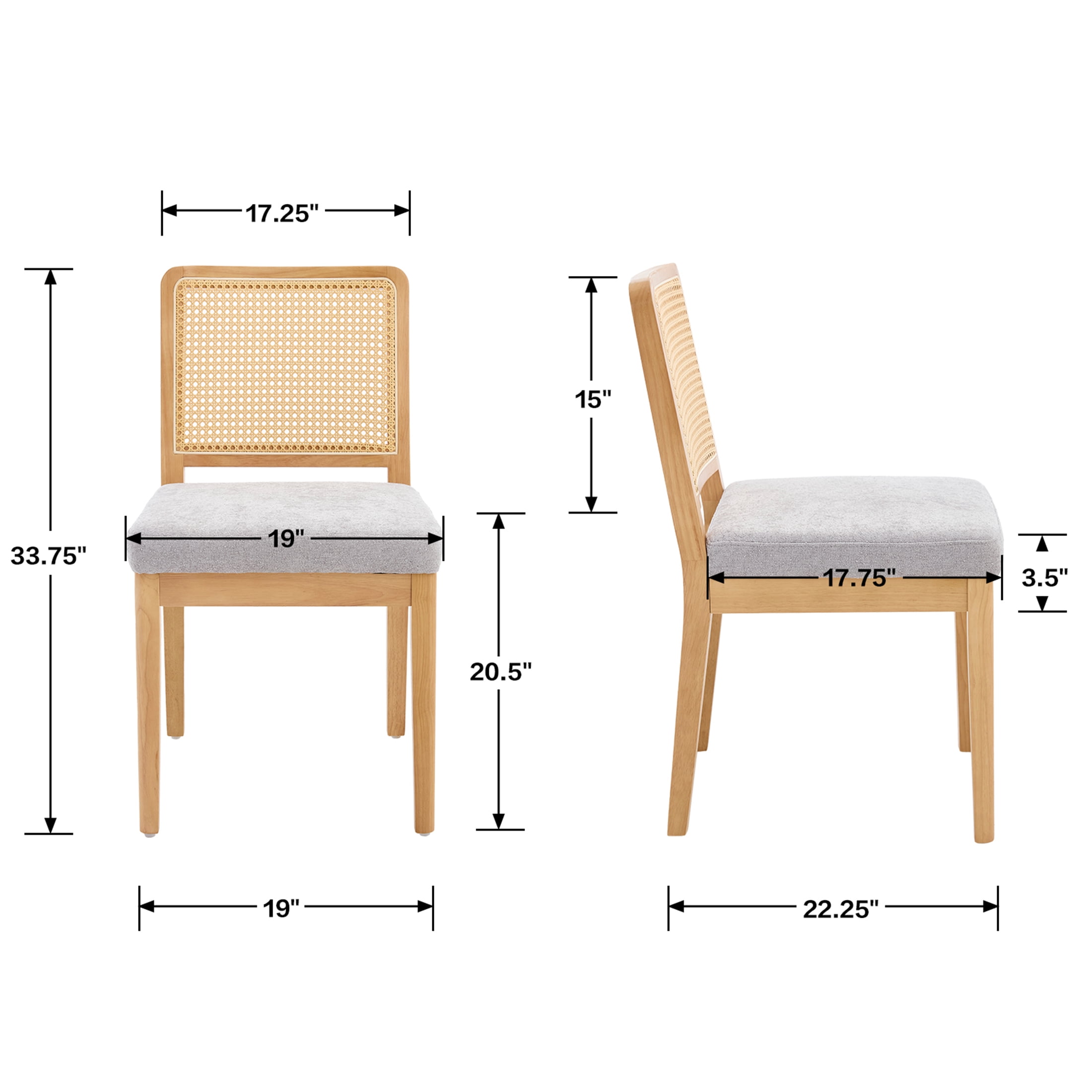 Guyou Farmhouse Rattan Dining Chairs Set of 4, Modern Wooden Kitchen Chairs with Cane Back, Chenille Upholstered Dining Room Chairs, Boho Wicker Woven Dining Side Chairs for Dining Room, Grey